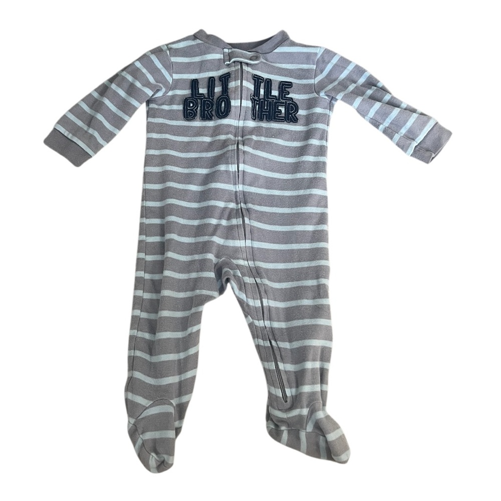 Carters Child of Mine “Little Brother” Gray And Blue Striped Footie Pajama